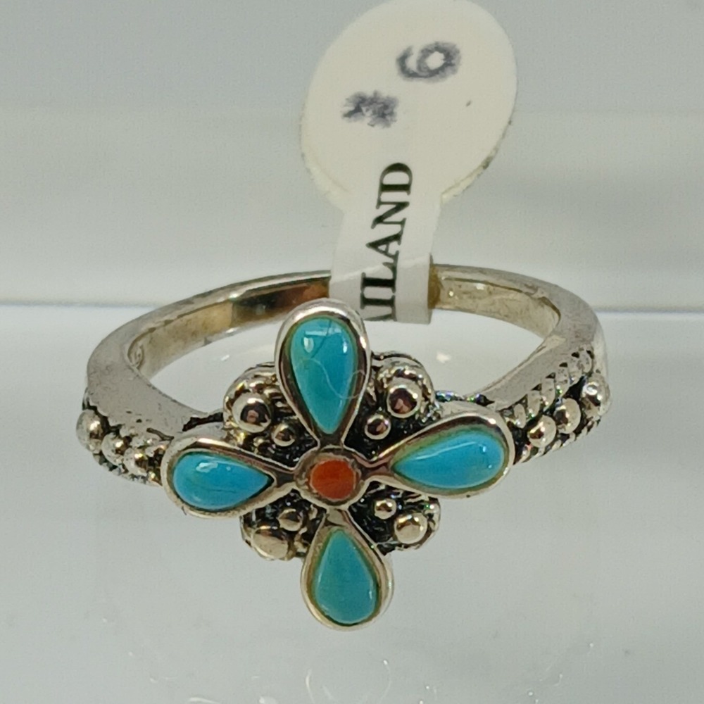 Vintage 90s BOMA Sterling Silver Turquoise Coral Flower Ring Size 6 Thailand NOS - Picture 4 of 16